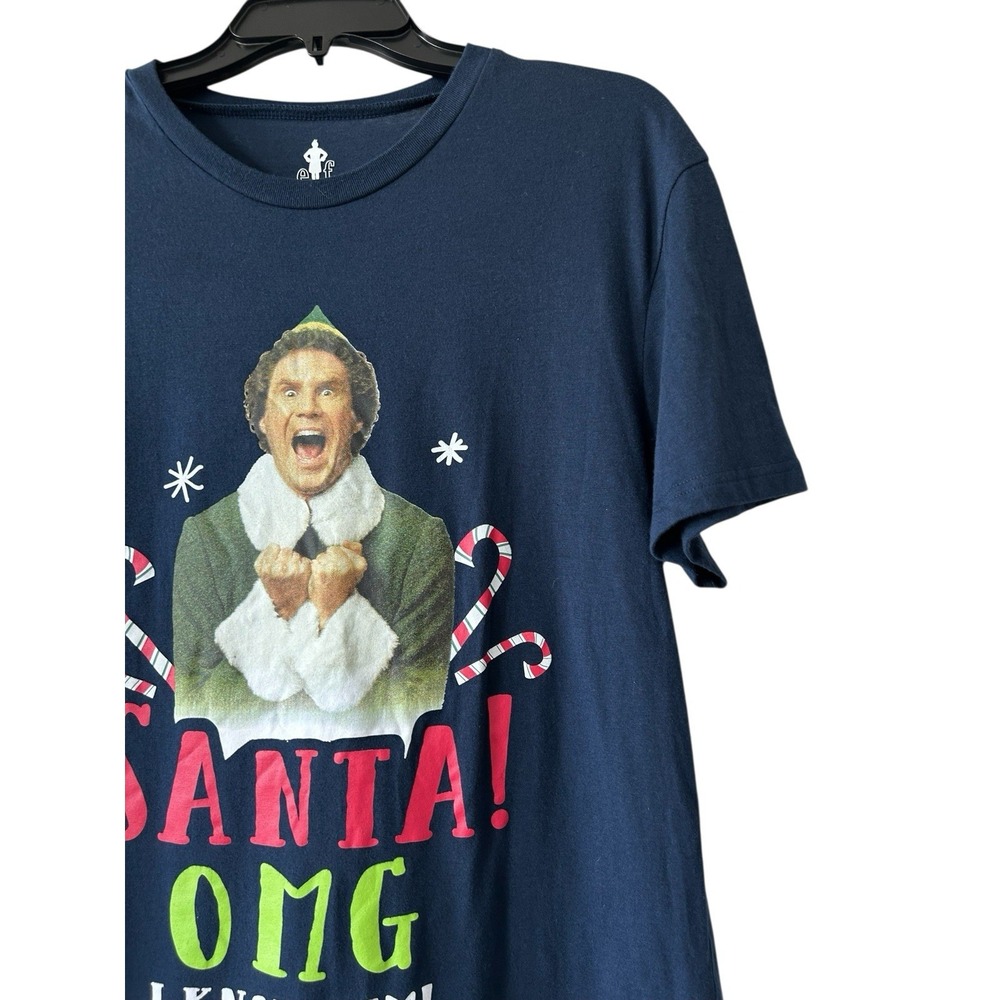 Elf Movie Santas Coming OMG I know Him Short Sleeve Crew Blue Shirt Size Large L - Picture 3 of 10